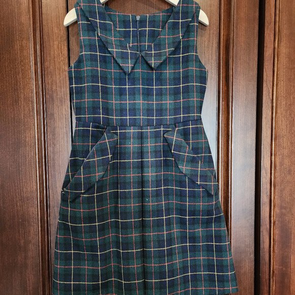 GREEN & BLUE TARTAN WOOL DRESS - Picture 3 of 4